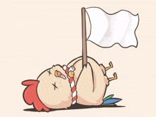 Animated cartoon chicken lying on the ground beside a white flag